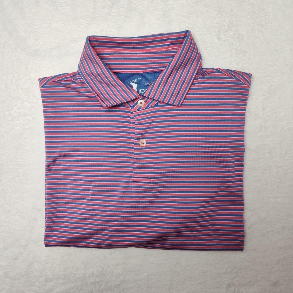 FG Tech Polo Shirt‎ Mens Large Pink Blue Stripe Golf Performance Stretch USA